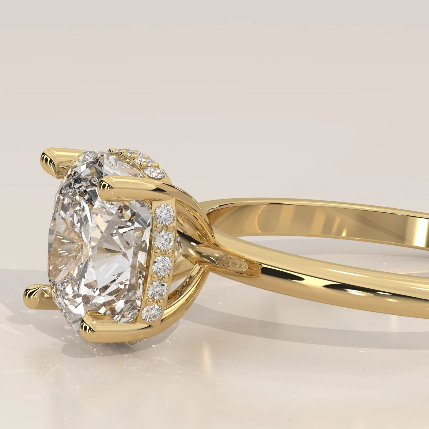 Close-up of a beautiful oval diamond engagement ring in yellow gold.