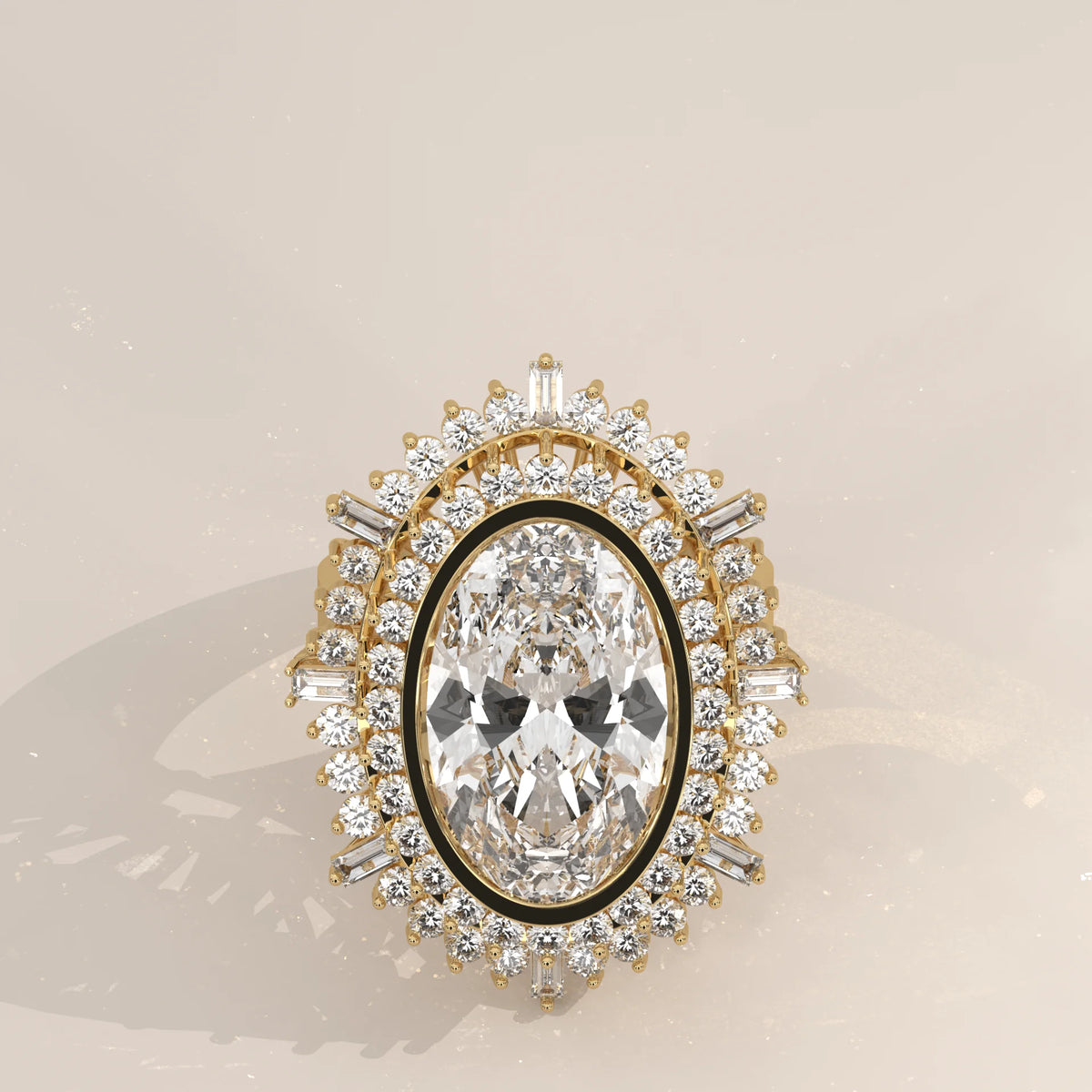 A striking oval diamond ring framed by a halo of round and baguette diamonds in yellow gold.