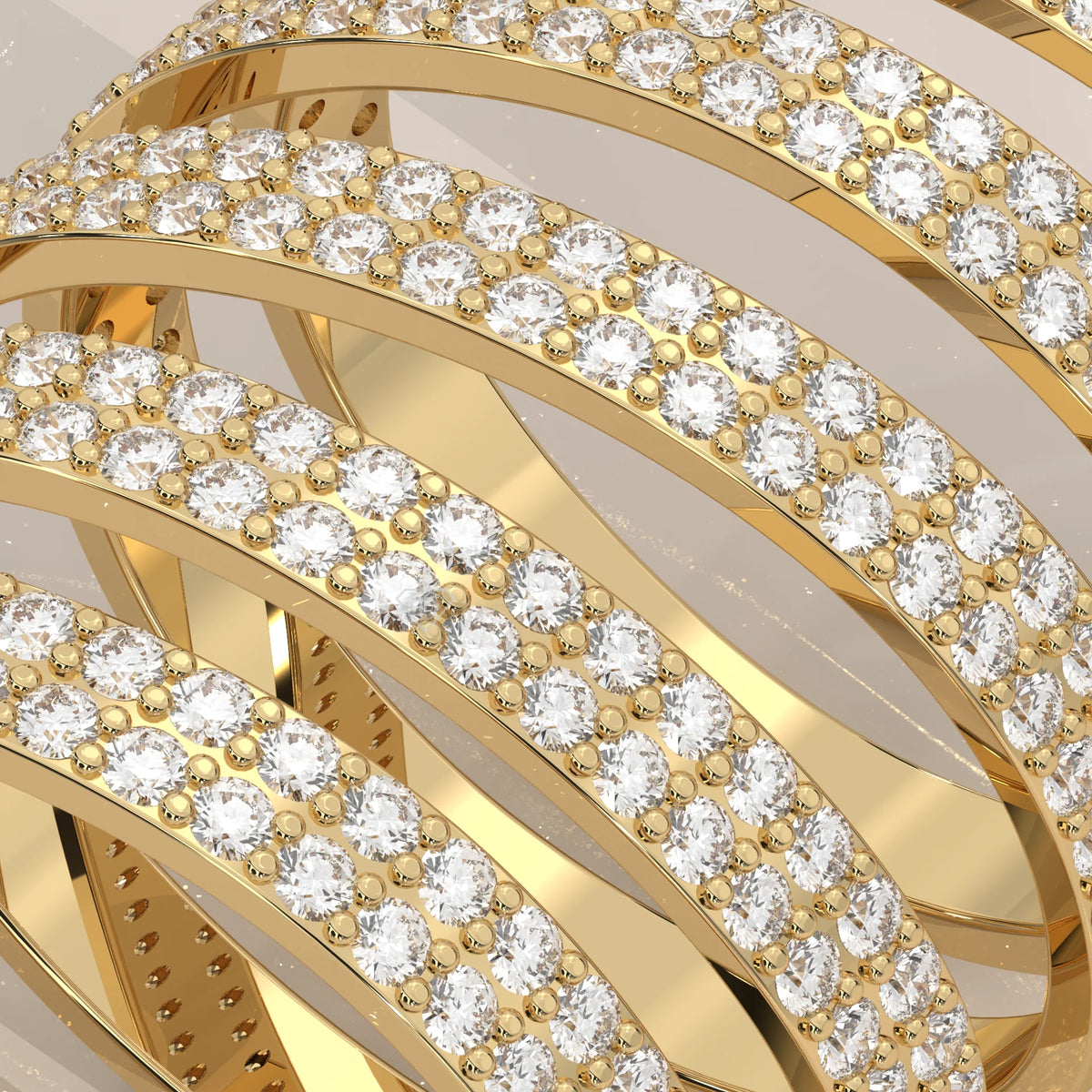 Round Lab Grown Diamond Five Coil Wrap Ring with Triple Row Pave in yellow gold, photographed at a three-quarter angle.