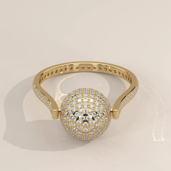 Round Lab Grown Diamond Pave Sphere Ring on a Pave Band in yellow gold, shown on a plain background.