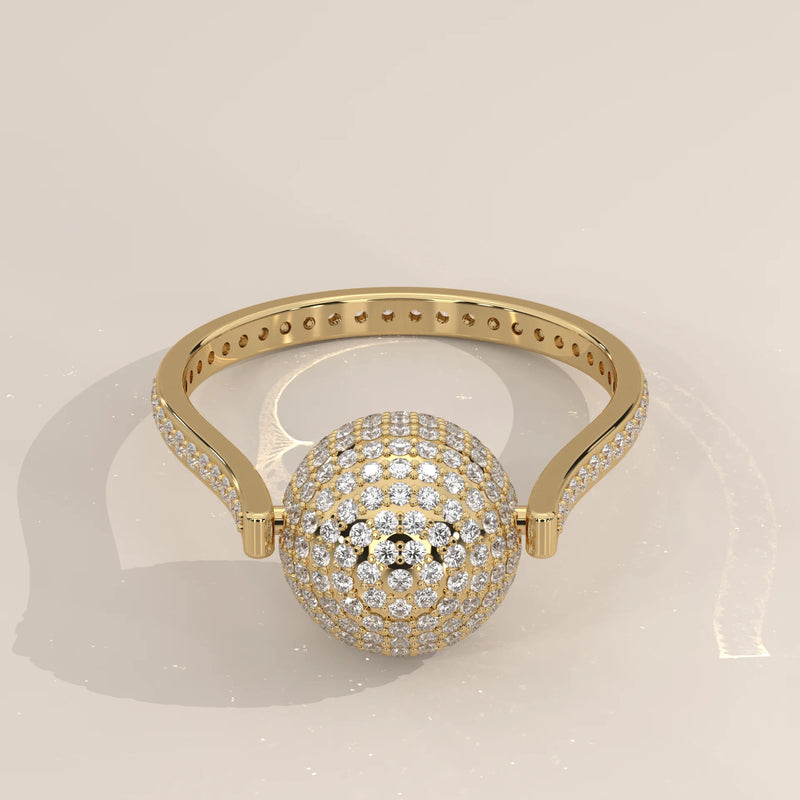 Round Lab Grown Diamond Pave Sphere Ring on a Pave Band in yellow gold, shown on a plain background.