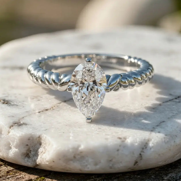 Front-view: Pear Diamond Ring with Bezel Setting in 14k White Gold - Lab Grown - Driona Jewels
