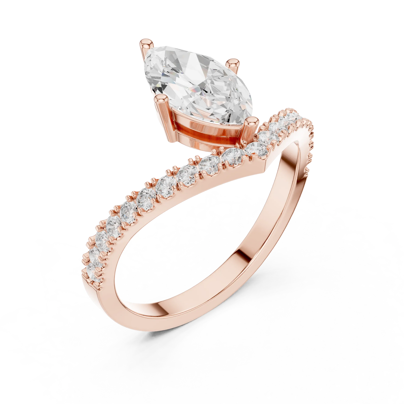 Angled view of a beautiful ring: Pear Diamond Ring with Bypass Pave and Prong Setting in 14k Rose Gold – Lab Grown – Driona Jewels
