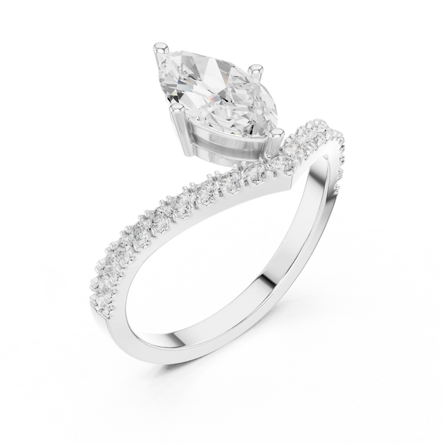 Angle View: Pear Diamond Ring with Bypass Pavé Setting in 14K White Gold – Lab Grown – Driona Jewels
