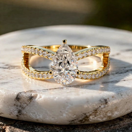 Front-view: Pear Cut Diamond Ring with Bypass Setting in 14k Yellow Gold - Lab Grown - Driona Jewels