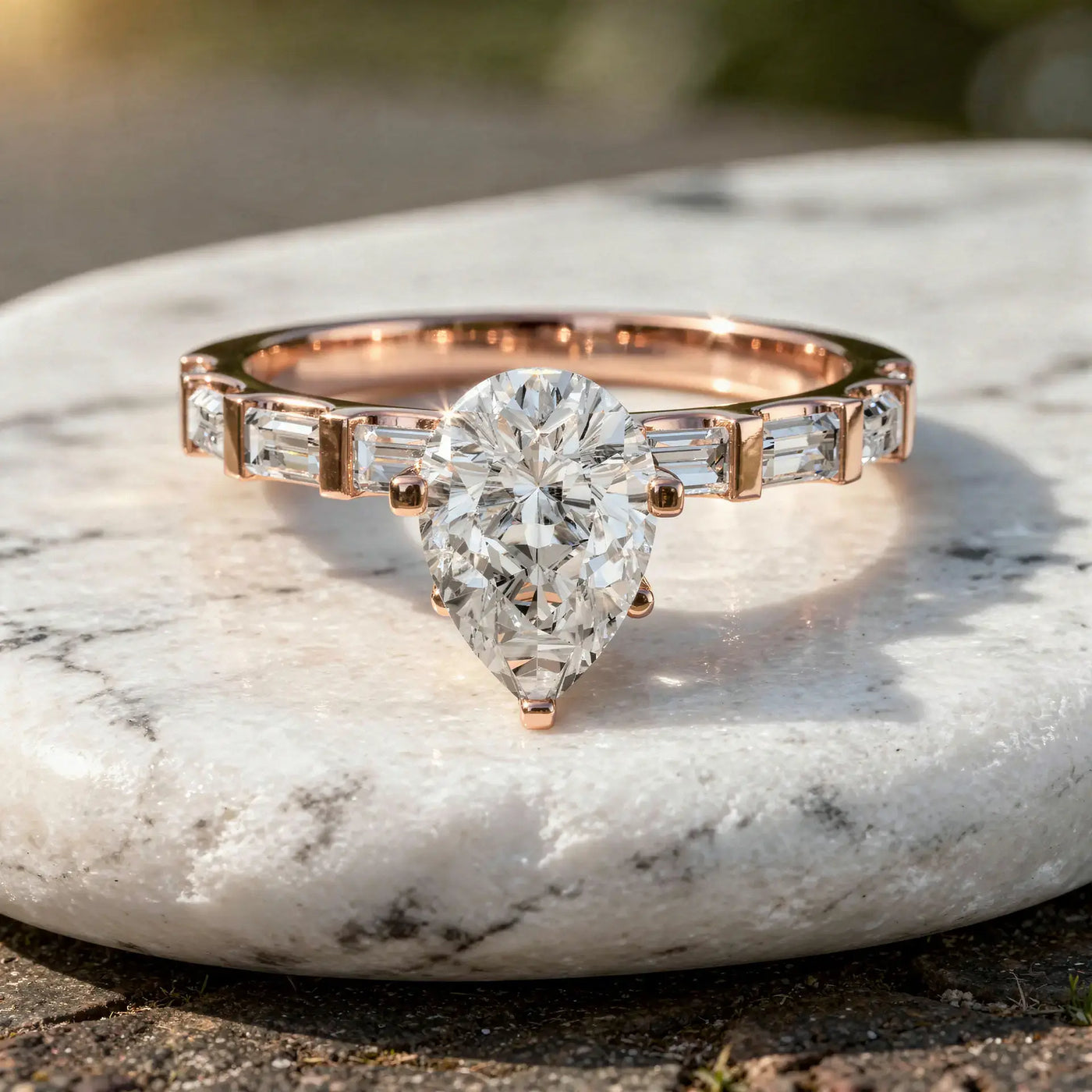 Front-view: Pear Diamond Ring with Channel Setting in 14k Rose Gold - Lab Grown - Driona Jewels