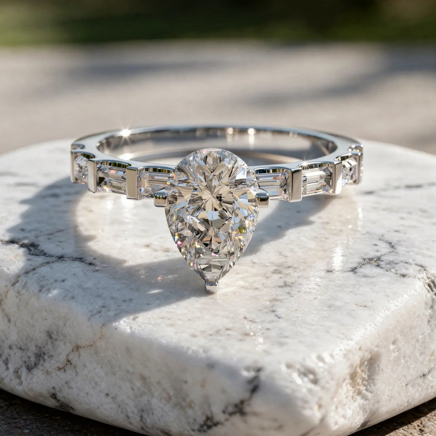 Front-view: Pear Diamond Ring with Channel Setting in 14k White Gold - Lab Grown - Driona Jewels
