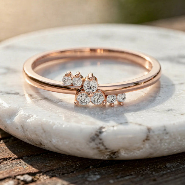 Flat Lay: Pear Cut Diamond Ring with Cluster Setting in 14k Rose Gold - Lab Grown - Driona Jewels