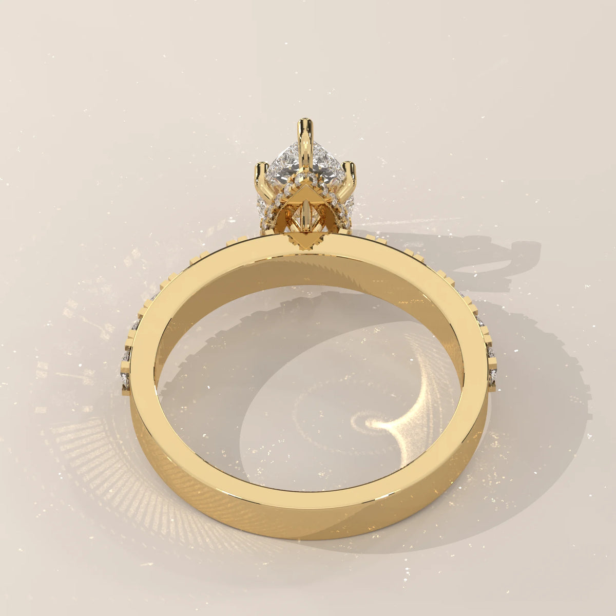 Pear Lab Grown Diamond Solitaire on a Wide Bold Pave Band in yellow gold, shown from the side.