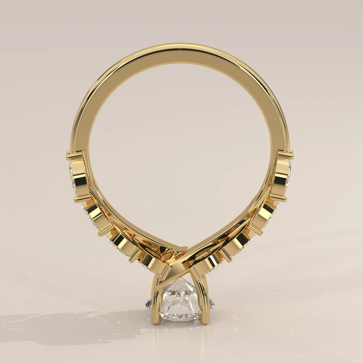 Round Lab Grown Diamond Ring with Double Marquise Leaf Band in yellow gold, side profile view.