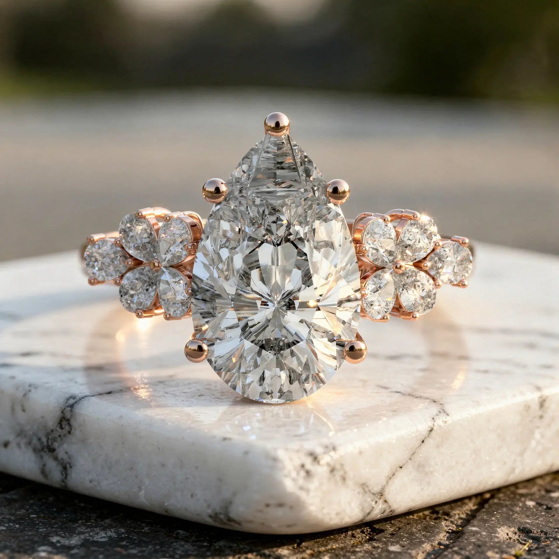 Close-up: Pear Cut Diamond Ring with Halo Setting in 14k Rose Gold - Lab Grown - Driona Jewels
