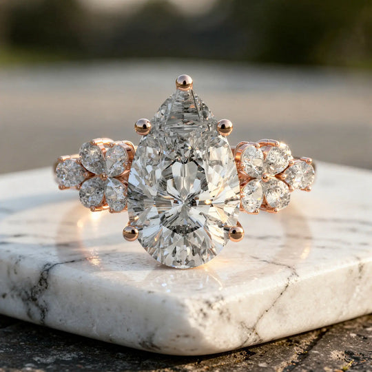 Close-up: Pear Cut Diamond Ring with Halo Setting in 14k Rose Gold - Lab Grown - Driona Jewels