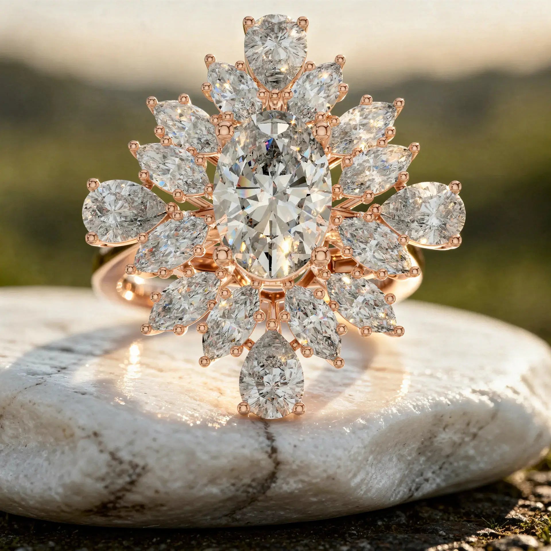 Close-up: Pear Cut Diamond Ring with Halo Setting in 14k Rose Gold - Lab Grown - Driona Jewels