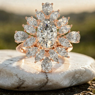Close-up: Pear Cut Diamond Ring with Halo Setting in 14k Rose Gold - Lab Grown - Driona Jewels