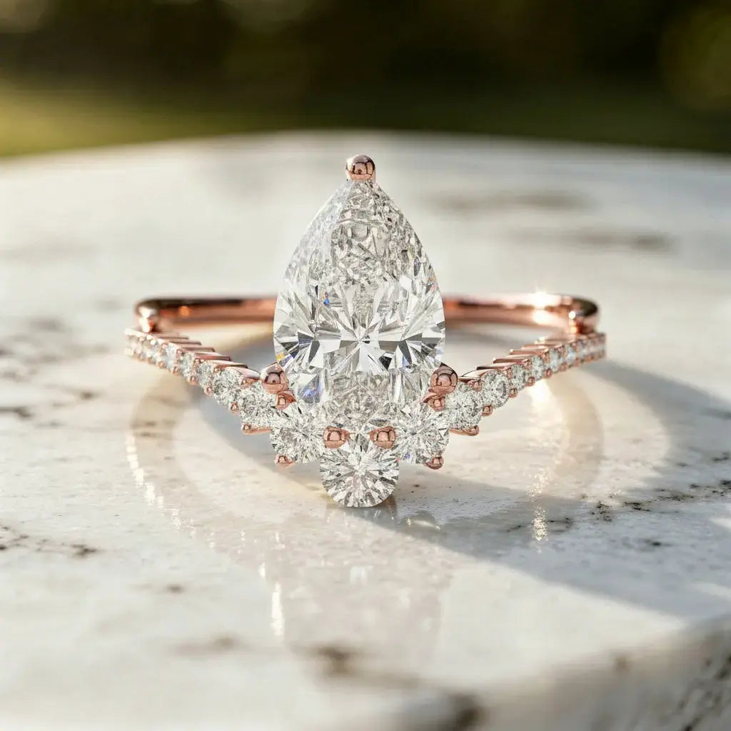 Flat-Lay: Pear Cut Diamond Ring with Halo Setting in 14k Rose Gold - Lab Grown - Driona Jewels