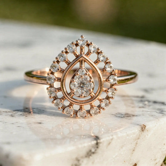 Front-view: Pear Cut Diamond Ring with Halo Setting in 14k Rose Gold - Lab Grown - Driona Jewels