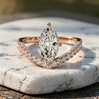 Front-view: Pear Cut Diamond Ring with Halo Setting in 14k Rose Gold - Lab Grown - Driona Jewels