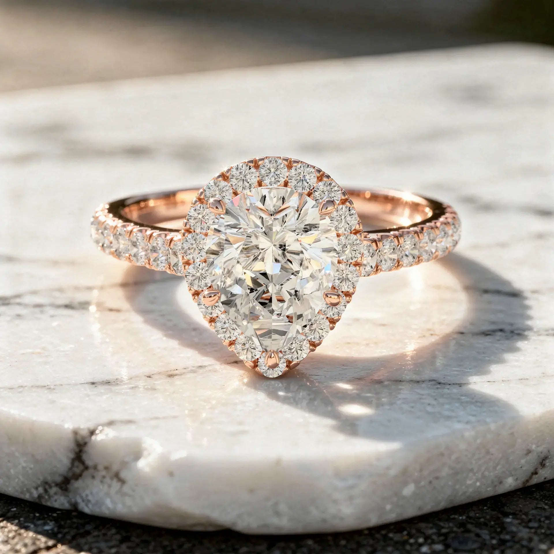 Front-view: Pear Diamond Engagement Ring with Halo Setting in 14k Rose Gold - Lab Grown - Driona Jewels