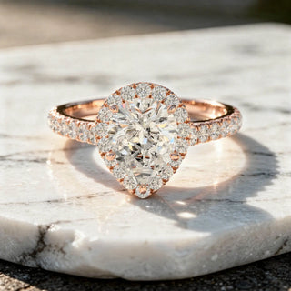 Front-view: Pear Diamond Engagement Ring with Halo Setting in 14k Rose Gold - Lab Grown - Driona Jewels