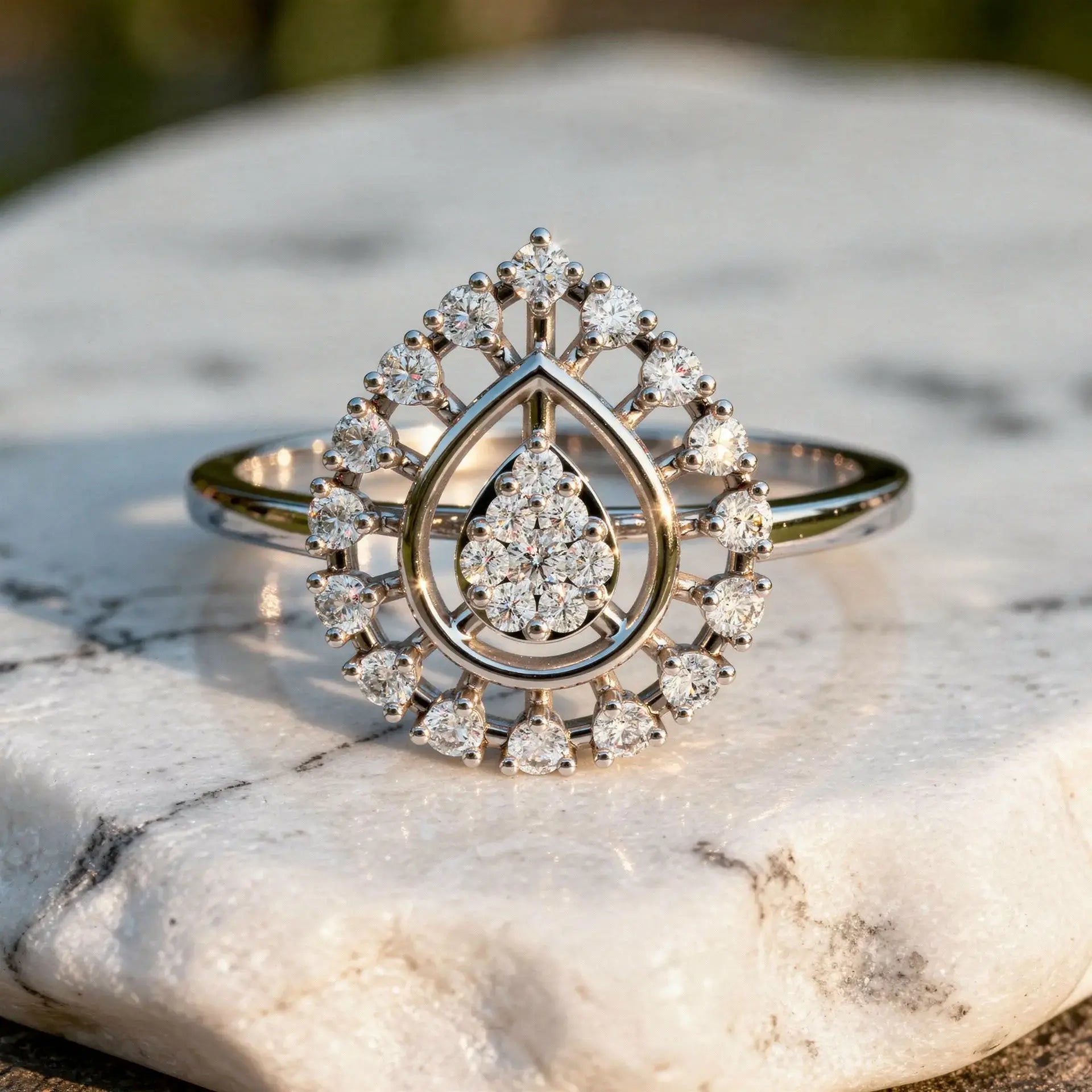 Close-up: Pear Cut Diamond Ring with Halo Setting in 14k White Gold - Lab Grown - Driona Jewels