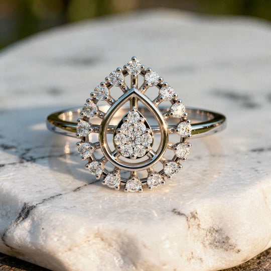 Close-up: Pear Cut Diamond Ring with Halo Setting in 14k White Gold - Lab Grown - Driona Jewels