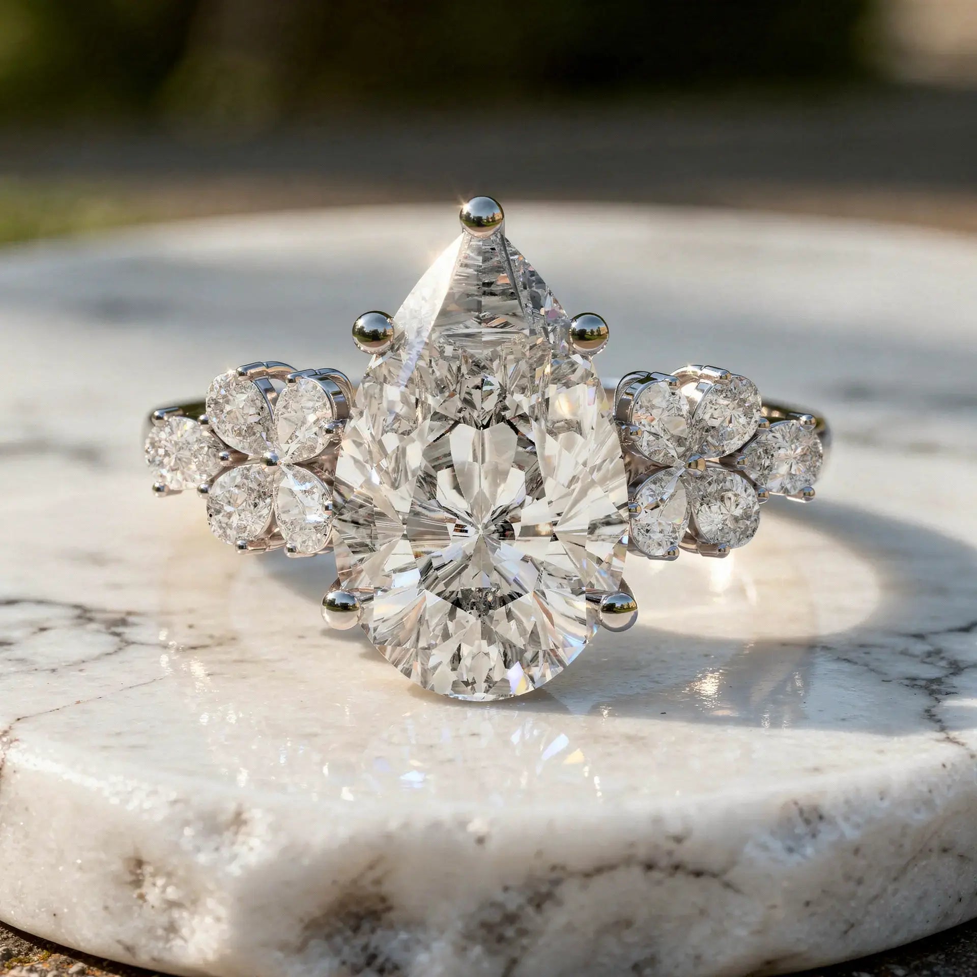 Close-up: Pear Cut Diamond Ring with Halo Setting in 14k White Gold - Lab Grown - Driona Jewels