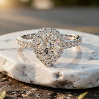 Front-view: Pear Diamond Ring with Halo Setting in 14k White Gold - Lab Grown - Driona Jewels