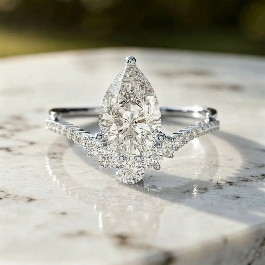 Front-view: Pear Cut Diamond Ring with Halo Setting in 14k White Gold - Lab Grown - Driona Jewels