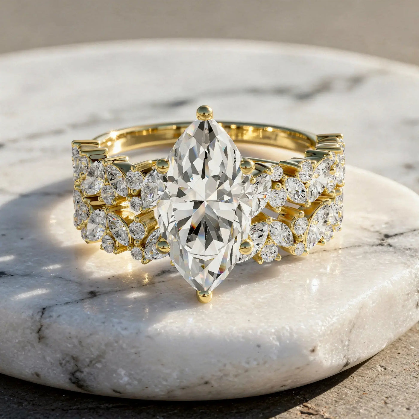 Front-view: Pear Cut Diamond Ring with Halo Setting in 14k Yellow Gold - Lab Grown - Driona Jewels