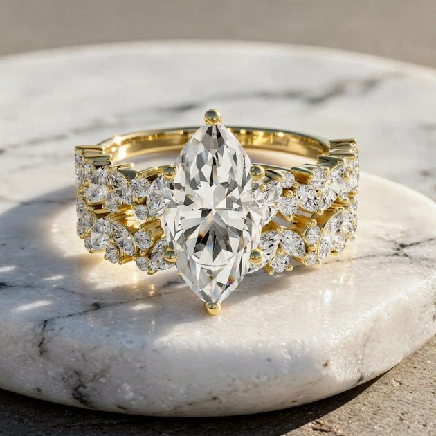 Front-view: Pear Cut Diamond Ring with Halo Setting in 14k Yellow Gold - Lab Grown - Driona Jewels