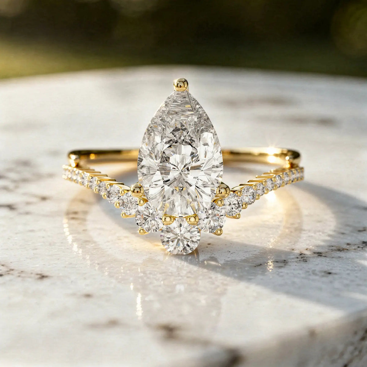 Front-view: Pear Cut Diamond Ring with Halo Setting in 14k Yellow Gold - Lab Grown - Driona Jewels