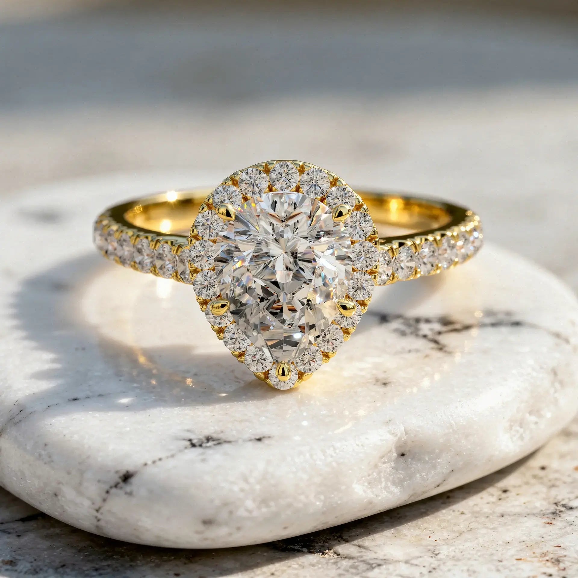 Front-view: Pear Cut Diamond Ring with Halo Setting in 14k Yellow Gold - Lab Grown - Driona Jewels