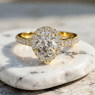 Front-view: Pear Cut Diamond Ring with Halo Setting in 14k Yellow Gold - Lab Grown - Driona Jewels