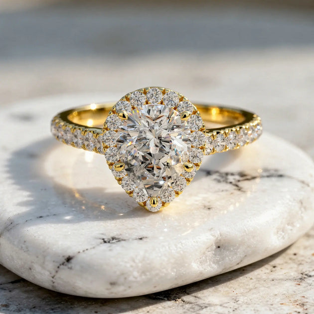 Front-view: Pear Cut Diamond Ring with Halo Setting in 14k Yellow Gold - Lab Grown - Driona Jewels