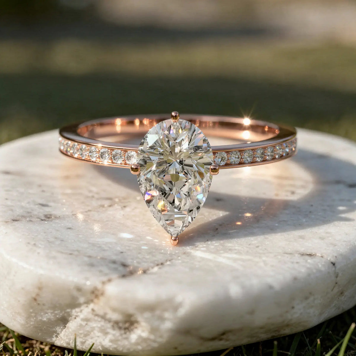 Front-view: Pear Cut Diamond Ring with Pave Setting in 14k Rose Gold - Lab Grown - Driona Jewels