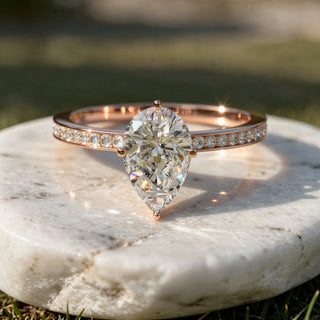 Front-view: Pear Cut Diamond Ring with Pave Setting in 14k Rose Gold - Lab Grown - Driona Jewels