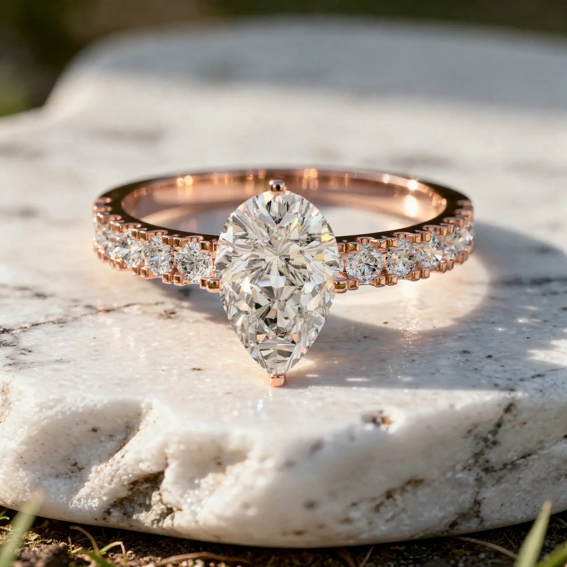 Front-view: Pear Diamond Ring with Pave Setting in 14k Rose Gold - Lab Grown - Driona Jewels