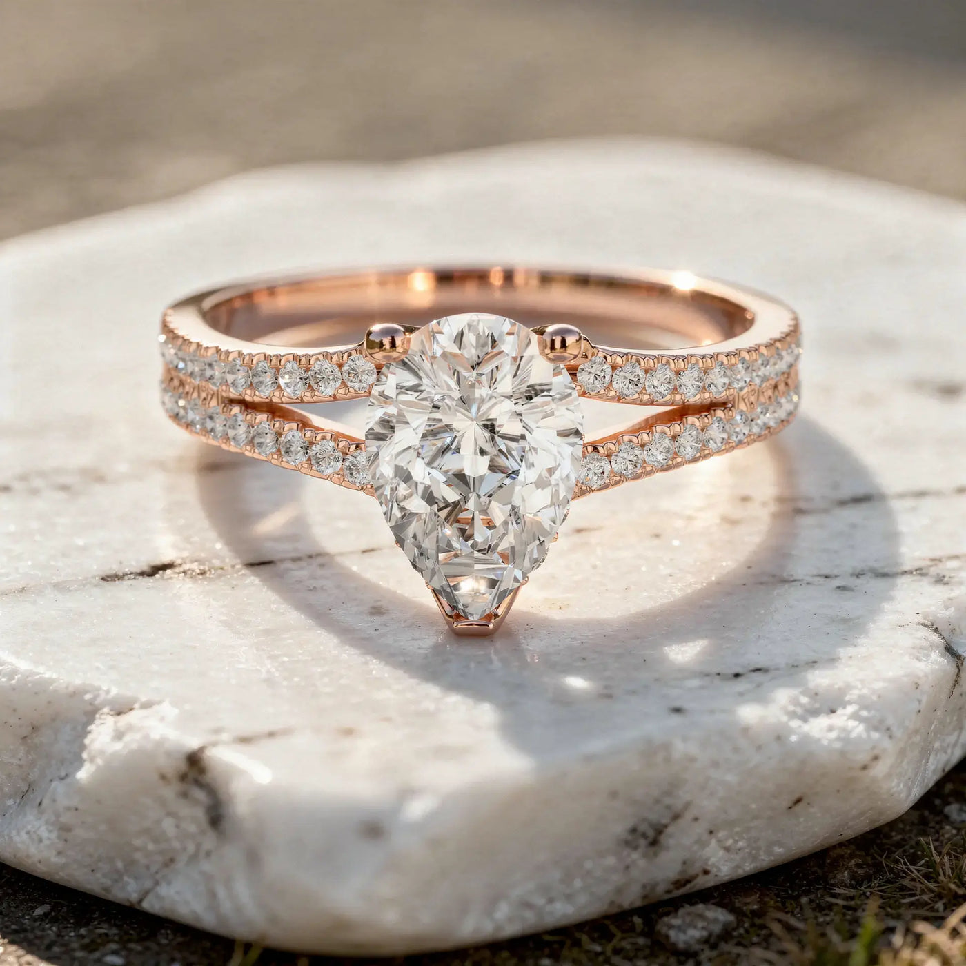 Front-view: Pear Cut Diamond Engagement Ring with Pave Setting in 14k Rose Gold - Lab Grown - Driona Jewels