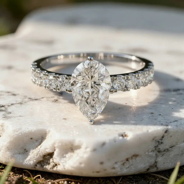 Close-up: Pear Cut Diamond Ring with Pave Setting in 14k White Gold - Lab Grown - Driona Jewels
