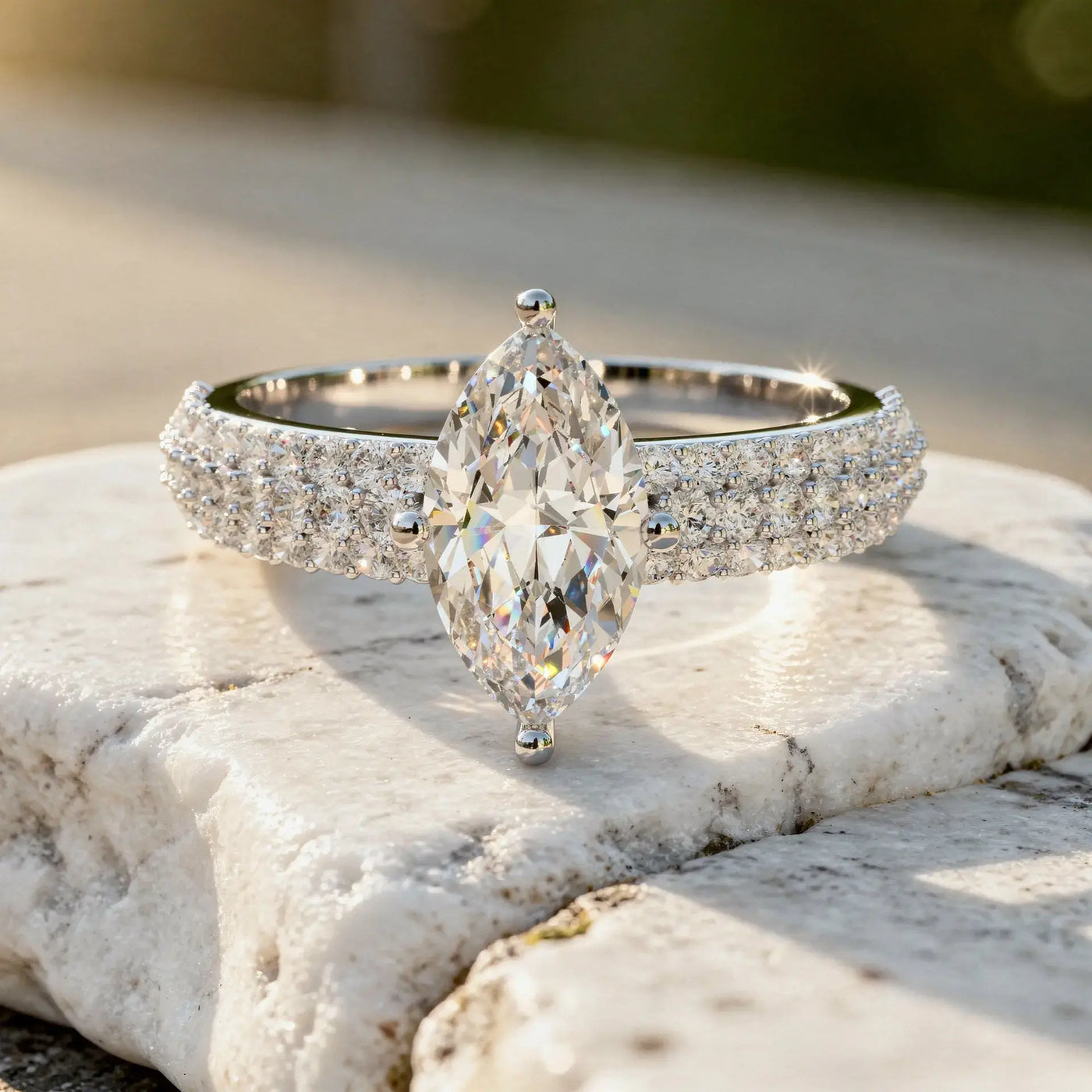 Front-view: Pear Cut Diamond Ring with Pave Setting in 14k White Gold - Lab Grown - Driona Jewels