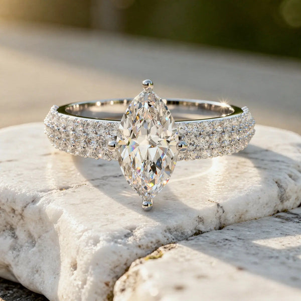 Front-view: Pear Cut Diamond Ring with Pave Setting in 14k White Gold - Lab Grown - Driona Jewels
