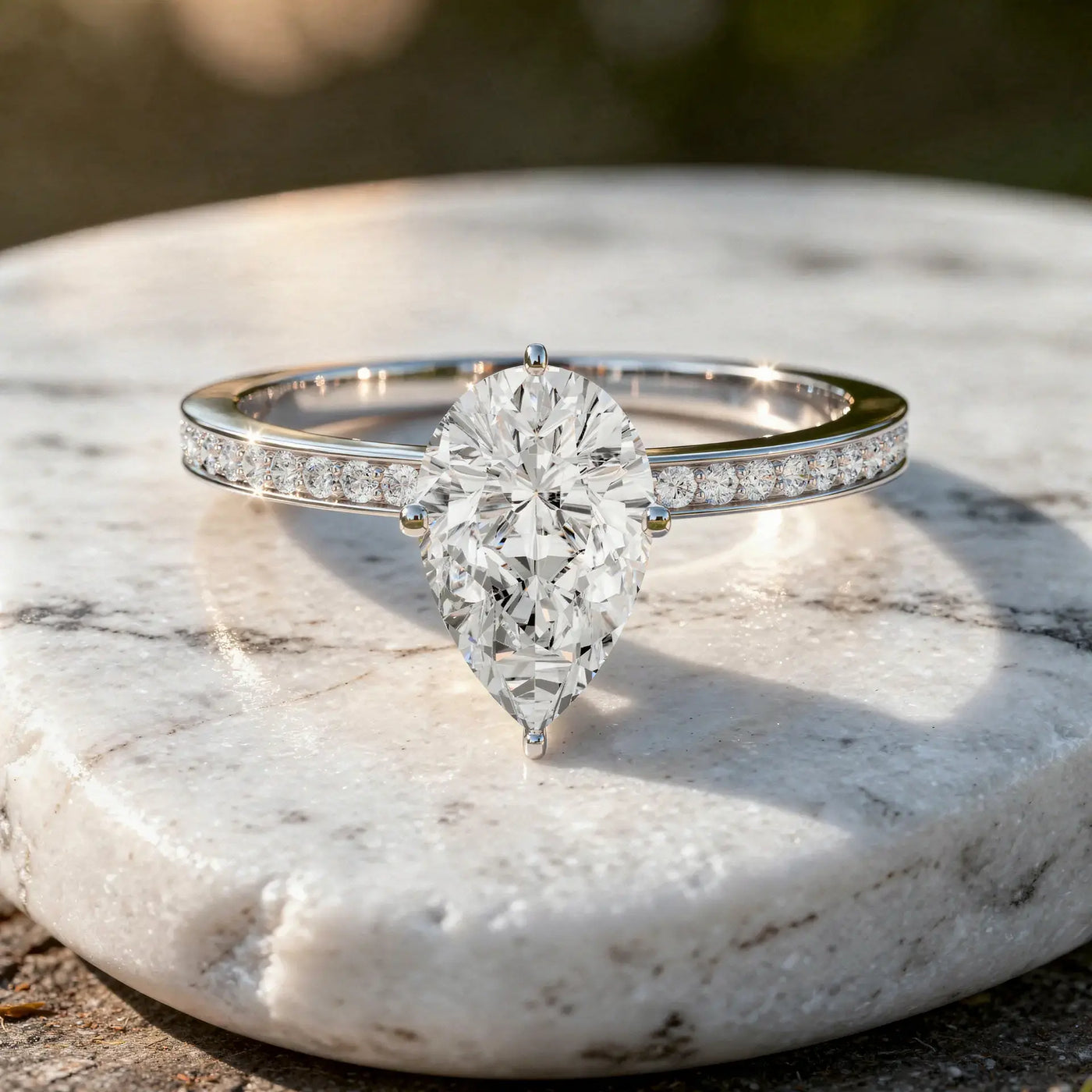 Front-view: Pear Diamond Ring with Pave Setting in 14k White Gold - Lab Grown - Driona Jewels
