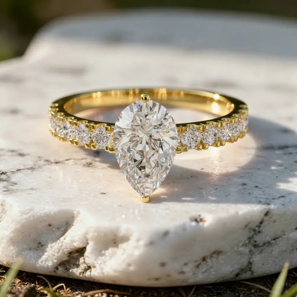 Front-view: Pear Diamond Ring with Pave Setting in 14k Yellow Gold - Lab Grown - Driona Jewels