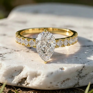 Front-view: Pear Diamond Ring with Pave Setting in 14k Yellow Gold - Lab Grown - Driona Jewels
