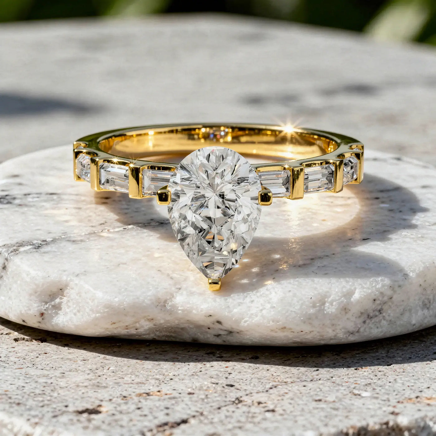 Front-view: Pear Cut Diamond Ring with Pave Setting in 14k Yellow Gold - Lab Grown - Driona Jewels