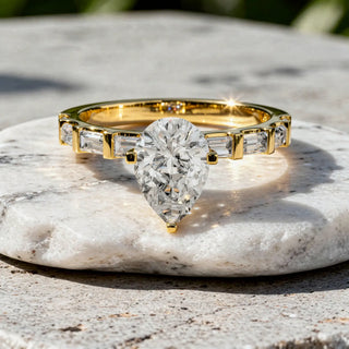 Front-view: Pear Cut Diamond Ring with Pave Setting in 14k Yellow Gold - Lab Grown - Driona Jewels