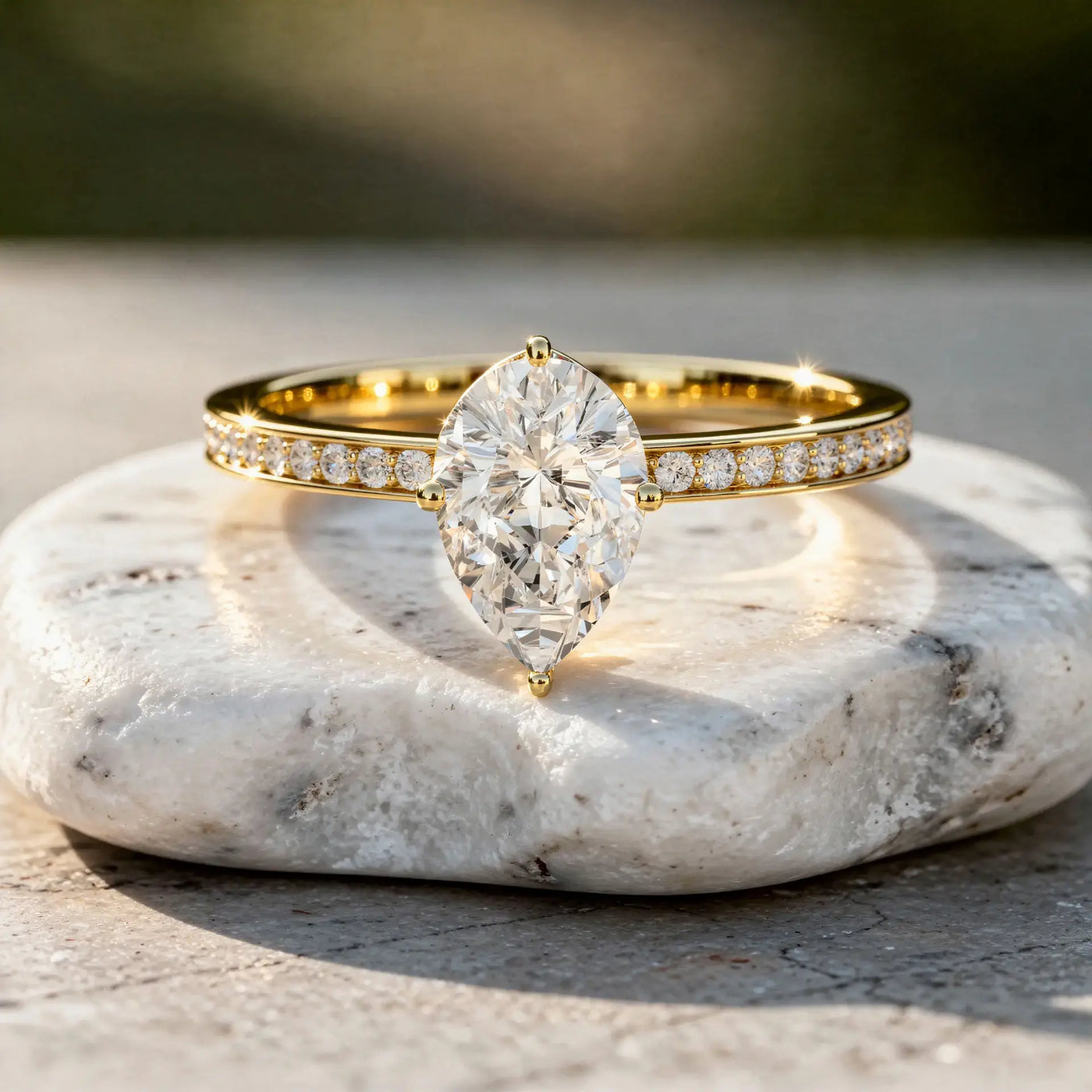 Front-view: Pear Cut Diamond Ring with Pave Setting in 14k Yellow Gold - Lab Grown - Driona Jewels
