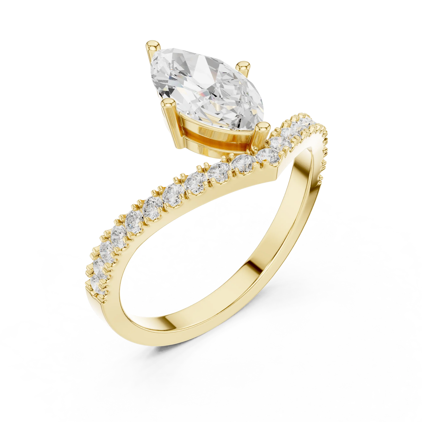 Angle View: Pear Diamond with Round Accent Ring with Prong and Pave Setting in Yellow Gold – Lab Grown – Driona Jewels
