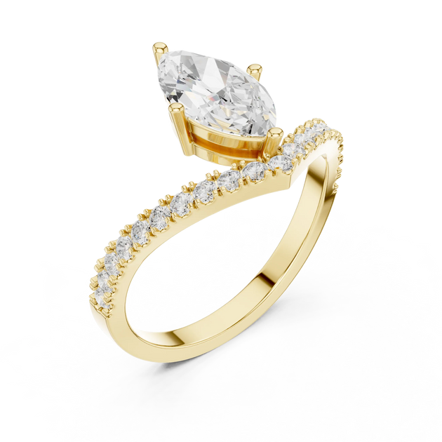 Angle View: Pear Diamond with Round Accent Ring with Prong and Pave Setting in Yellow Gold – Lab Grown – Driona Jewels
