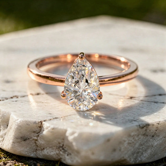 Front-view: Pear Diamond Ring with Solitaire Setting in 14k Rose Gold - Lab Grown - Driona Jewels
